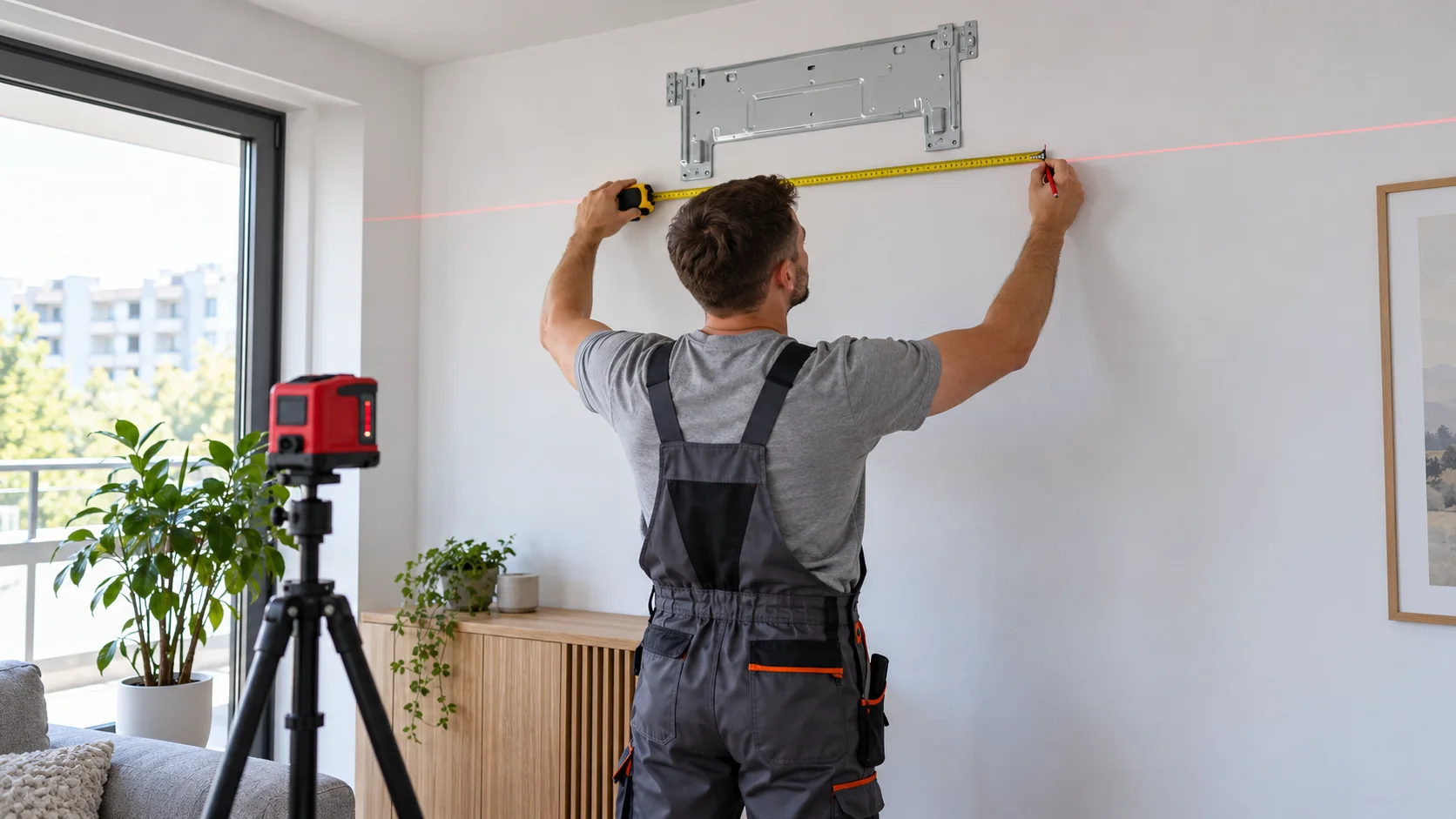 Instalator mierzy ścianę przed montażem klimatyzacji split