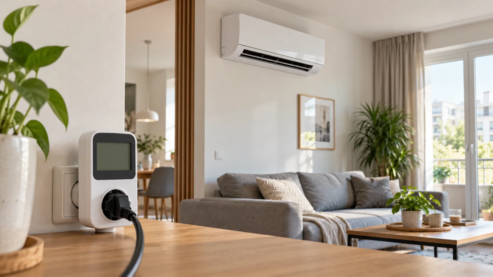 Ścienny klimatyzator i monitor zużycia energii w mieszkaniu